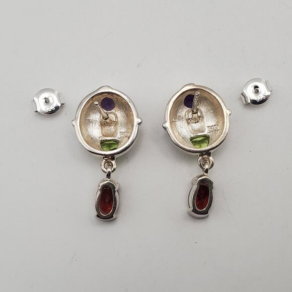 Vintage 925 Sterling Silver Multistone Post Earrings Amethyst Peridot Garnet - Picture 4 of 6